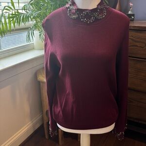 Ann Taylor Petite Maroon Sweater with Embellishments